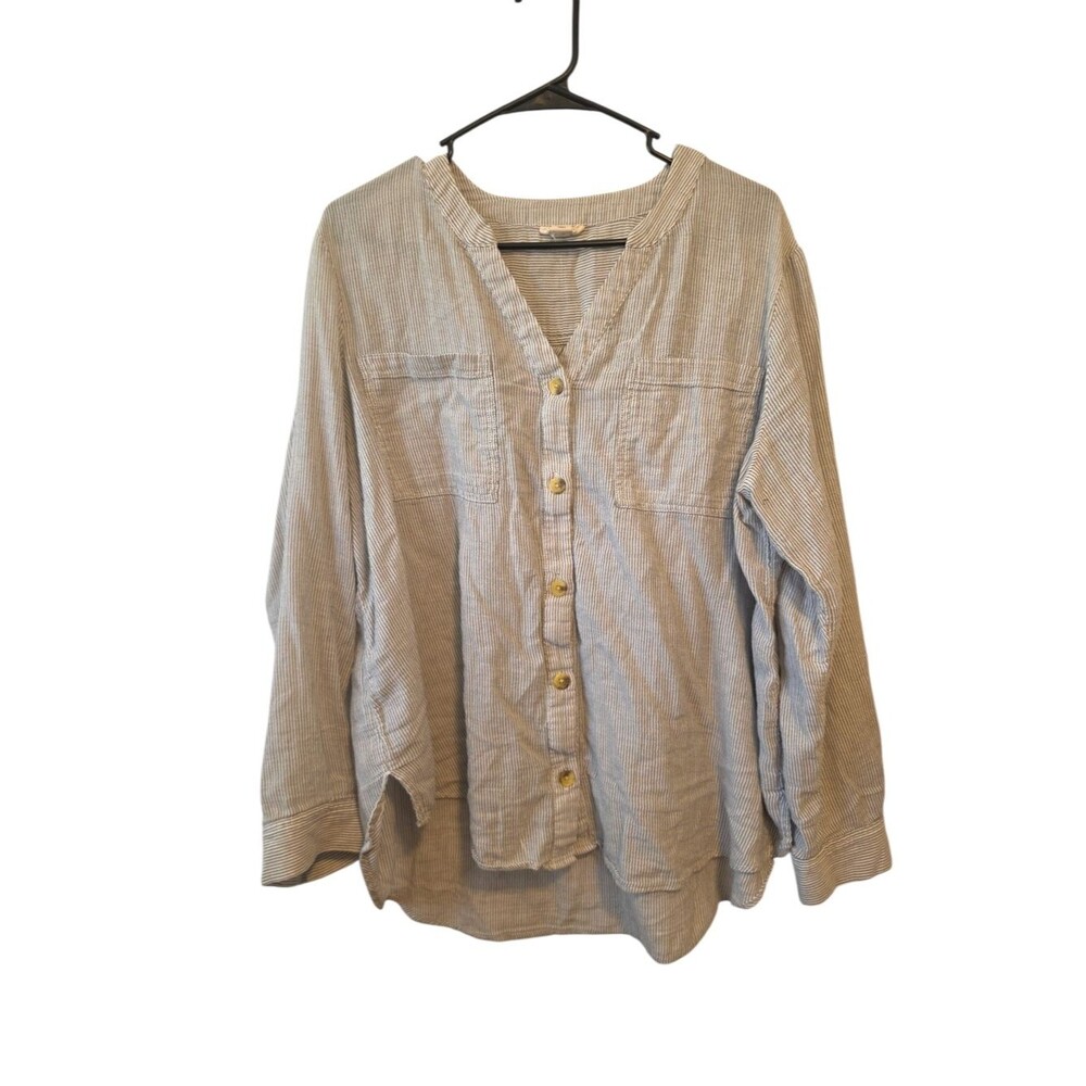 a.n.a Striped V-Neck Button-Front Cotton Top Size XL- white & black